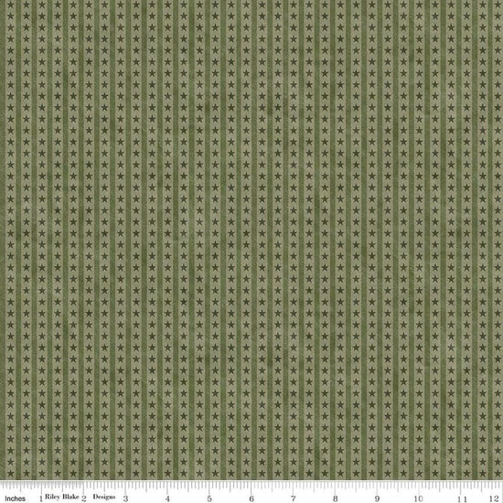 Image of Northern Christmas Star Stripes Green quilting cotton fabric by Teresa Kogut for Riley Blake Designs. Features stars and stripes on a green background. Cute Little Fabric Shop.