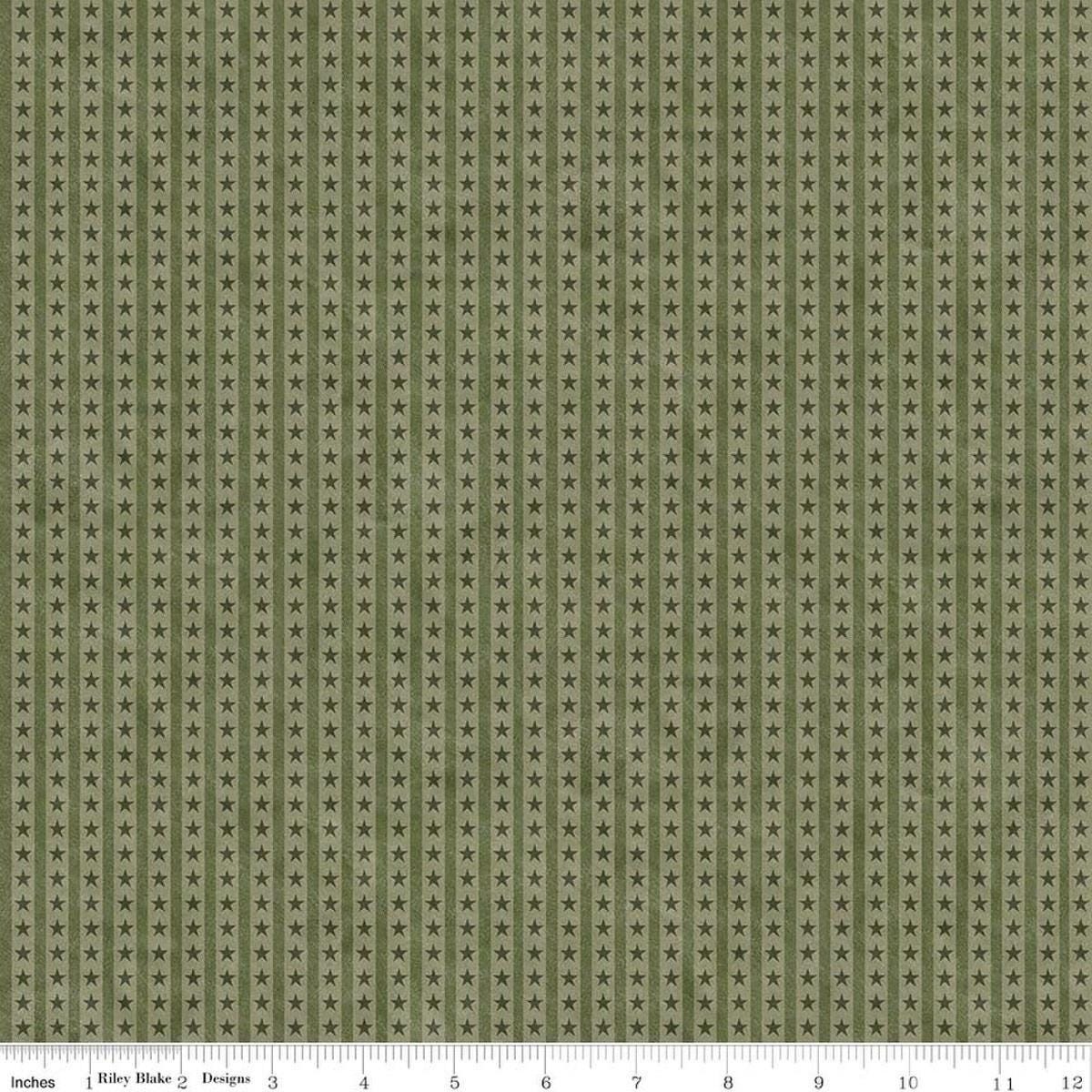Image of Northern Christmas Star Stripes Green quilting cotton fabric by Teresa Kogut for Riley Blake Designs. Features stars and stripes on a green background. Cute Little Fabric Shop.