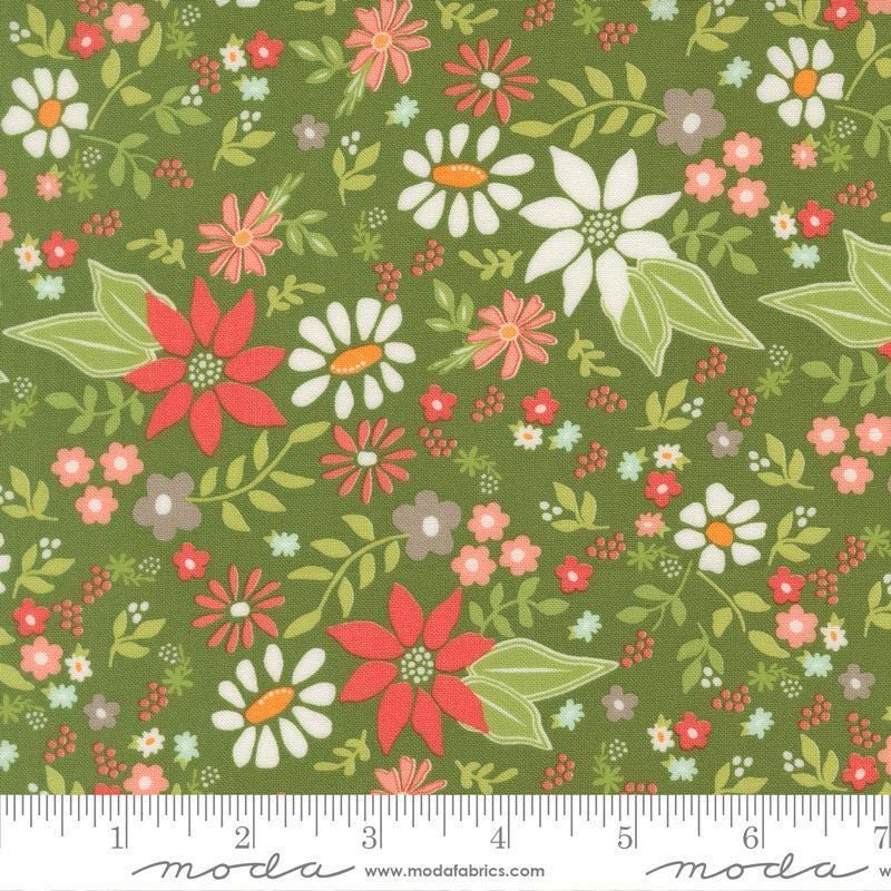 Image of Poinsettia and Pear Poinsettia Floral Evergreen quilting cotton fabric by Sherri & Chelsi for Moda Fabrics. Features flowers on a green background. Cute Little Fabric Shop.