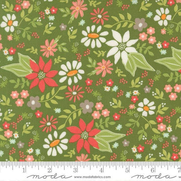 Image of Poinsettia and Pear Poinsettia Floral Evergreen quilting cotton fabric by Sherri & Chelsi for Moda Fabrics. Features flowers on a green background. Cute Little Fabric Shop.