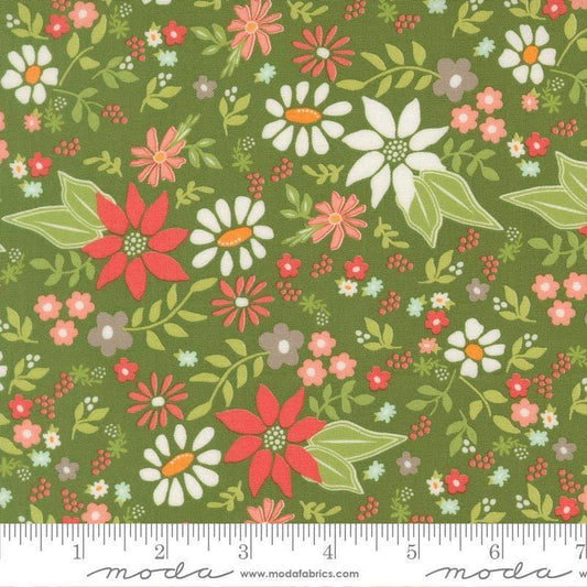 Image of Poinsettia and Pear Poinsettia Floral Evergreen quilting cotton fabric by Sherri & Chelsi for Moda Fabrics. Features flowers on a green background. Cute Little Fabric Shop.