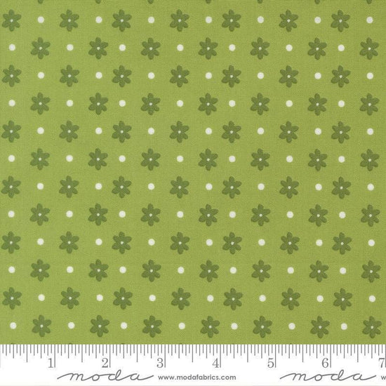 Image of Poinsettia and Pear Daisy Dot Fresh Grass quilting cotton fabric by Sherri & Chelsi for Moda Fabrics. Features flowers on a green background. Cute Little Fabric Shop.