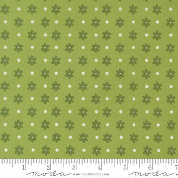 Image of Poinsettia and Pear Daisy Dot Fresh Grass quilting cotton fabric by Sherri & Chelsi for Moda Fabrics. Features flowers on a green background. Cute Little Fabric Shop.