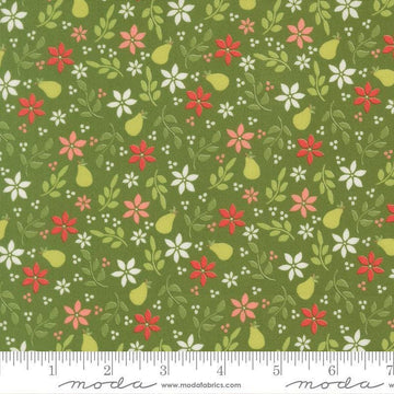 Image of Poinsettia and Pear Pear Florals Evergreen quilting cotton fabric by Sherri & Chelsi for Moda Fabrics. Features flowers on a green background. Cute Little Fabric Shop.