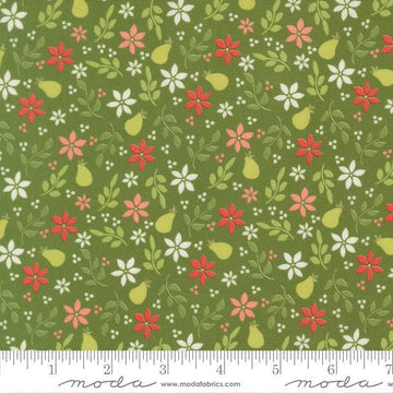 Image of Poinsettia and Pear Pear Florals Evergreen quilting cotton fabric by Sherri & Chelsi for Moda Fabrics. Features flowers on a green background. Cute Little Fabric Shop.