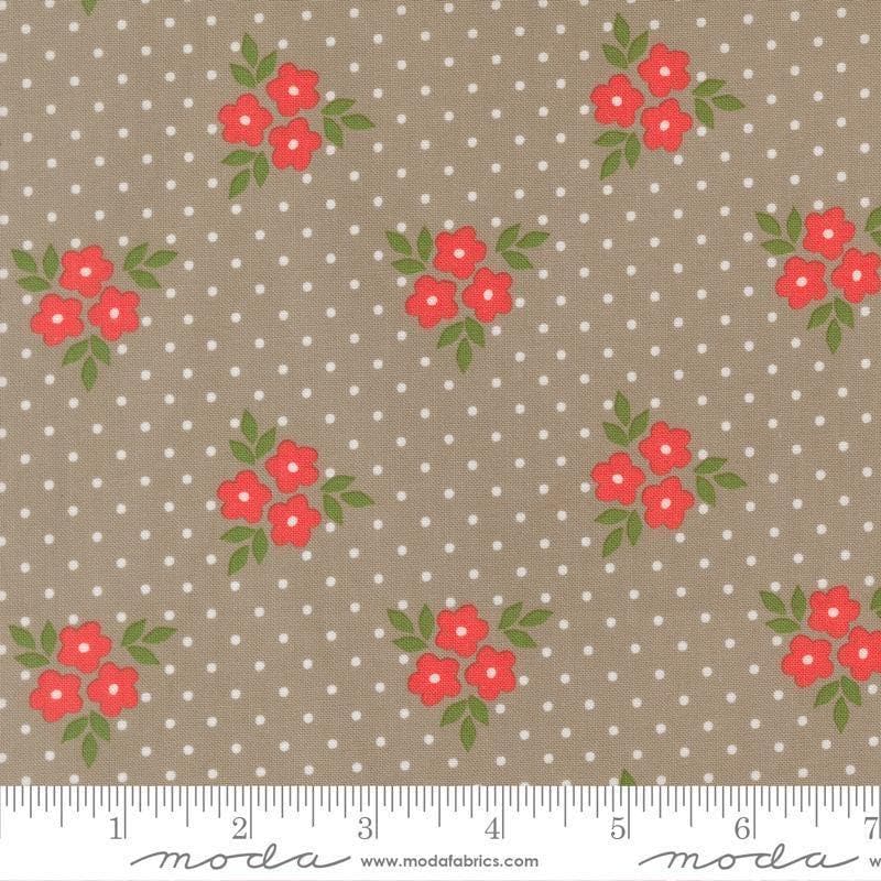 Image of Poinsettia and Pear Bouquet Stone quilting cotton fabric by Sherri & Chelsi for Moda Fabrics. Features flowers on a gray background. Cute Little Fabric Shop.