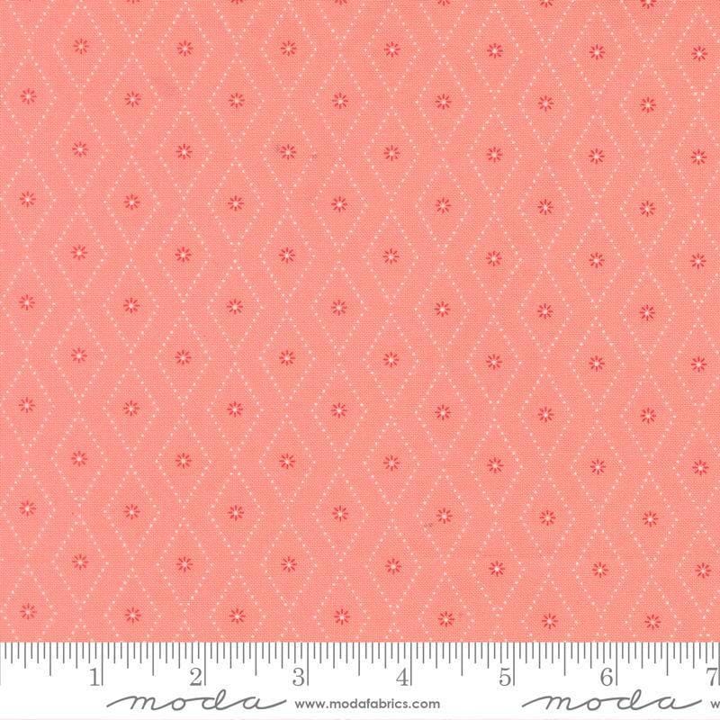 Image of Poinsettia and Pear Argyle Carnation quilting cotton fabric by Sherri & Chelsi for Moda Fabrics. Features diamonds on a pink background. Cute Little Fabric Shop.