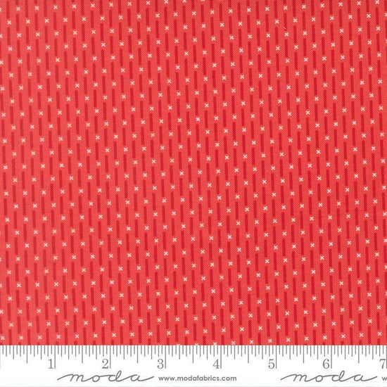 Image of Poinsettia and Pear Candy Stripe Geranium quilting cotton fabric by Sherri & Chelsi for Moda Fabrics. Features stripes on a pink background. Cute Little Fabric Shop.