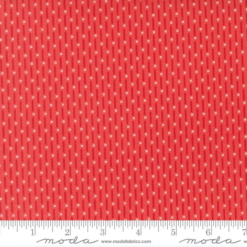 Image of Poinsettia and Pear Candy Stripe Geranium quilting cotton fabric by Sherri & Chelsi for Moda Fabrics. Features stripes on a pink background. Cute Little Fabric Shop.