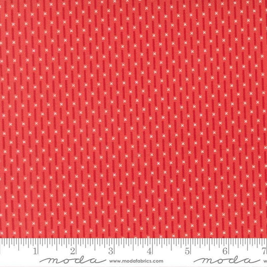 Image of Poinsettia and Pear Candy Stripe Geranium quilting cotton fabric by Sherri & Chelsi for Moda Fabrics. Features stripes on a pink background. Cute Little Fabric Shop.