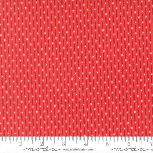 Image of Poinsettia and Pear Candy Stripe Geranium quilting cotton fabric by Sherri & Chelsi for Moda Fabrics. Features stripes on a pink background. Cute Little Fabric Shop.