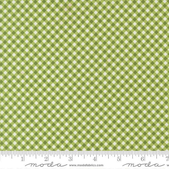 Image of Poinsettia and Pear Gingham Fresh Grass quilting cotton fabric by Sherri & Chelsi for Moda Fabrics. Features gingham on a green background. Cute Little Fabric Shop.