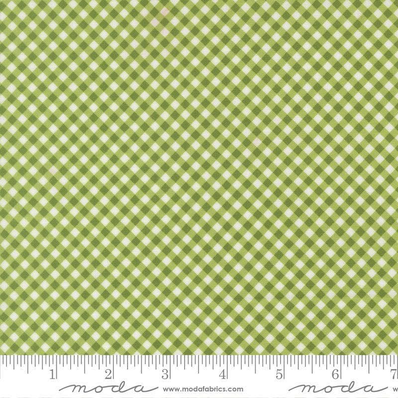 Image of Poinsettia and Pear Gingham Fresh Grass quilting cotton fabric by Sherri & Chelsi for Moda Fabrics. Features gingham on a green background. Cute Little Fabric Shop.