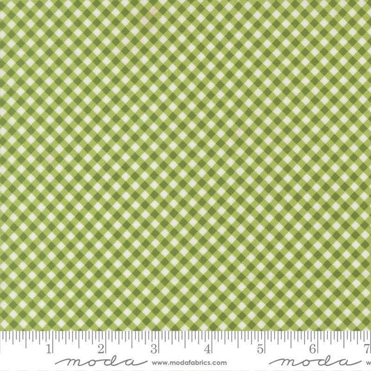 Image of Poinsettia and Pear Gingham Fresh Grass quilting cotton fabric by Sherri & Chelsi for Moda Fabrics. Features gingham on a green background. Cute Little Fabric Shop.