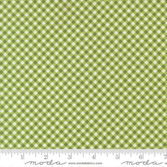 Image of Poinsettia and Pear Gingham Fresh Grass quilting cotton fabric by Sherri & Chelsi for Moda Fabrics. Features gingham on a green background. Cute Little Fabric Shop.