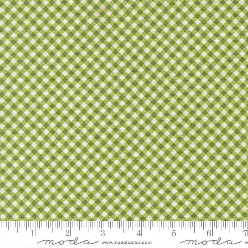 Image of Poinsettia and Pear Gingham Fresh Grass quilting cotton fabric by Sherri & Chelsi for Moda Fabrics. Features gingham on a green background. Cute Little Fabric Shop.