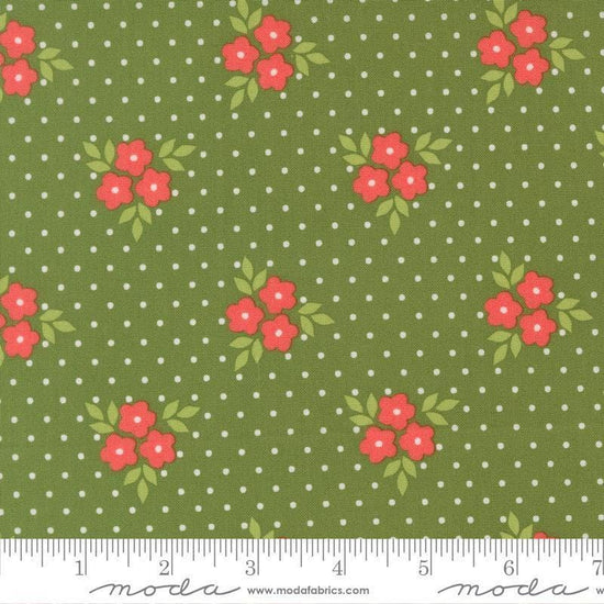 Image of Poinsettia and Pear Bouquet Evergreen quilting cotton fabric by Sherri & Chelsi for Moda Fabrics. Features flowers on a green background. Cute Little Fabric Shop.