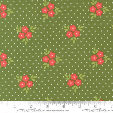 Image of Poinsettia and Pear Bouquet Evergreen quilting cotton fabric by Sherri & Chelsi for Moda Fabrics. Features flowers on a green background. Cute Little Fabric Shop.