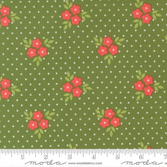 Image of Poinsettia and Pear Bouquet Evergreen quilting cotton fabric by Sherri & Chelsi for Moda Fabrics. Features flowers on a green background. Cute Little Fabric Shop.