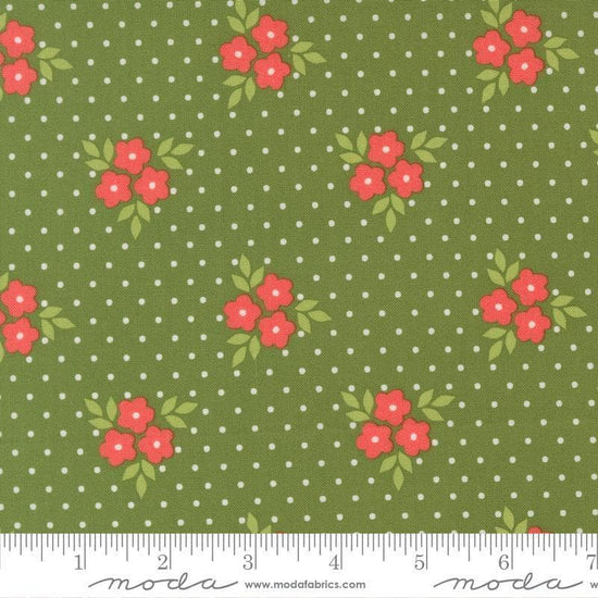 Image of Poinsettia and Pear Bouquet Evergreen quilting cotton fabric by Sherri & Chelsi for Moda Fabrics. Features flowers on a green background. Cute Little Fabric Shop.