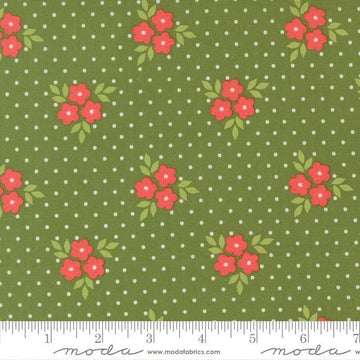 Image of Poinsettia and Pear Bouquet Evergreen quilting cotton fabric by Sherri & Chelsi for Moda Fabrics. Features flowers on a green background. Cute Little Fabric Shop.