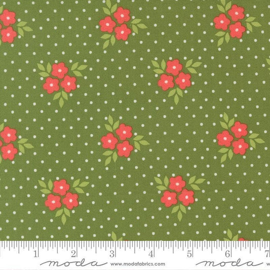 Image of Poinsettia and Pear Bouquet Evergreen quilting cotton fabric by Sherri & Chelsi for Moda Fabrics. Features flowers on a green background. Cute Little Fabric Shop.