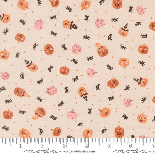 Image of Purrs and Boos Friendly Pumpkins and Spiders Moonbeam quilting cotton fabric by Elena Amo for Moda Fabrics. Features pumpkins and spiders on a cream background. Cute Little Fabric Shop.