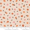 Image of Purrs and Boos Friendly Pumpkins and Spiders Moonbeam quilting cotton fabric by Elena Amo for Moda Fabrics. Features pumpkins and spiders on a cream background. Cute Little Fabric Shop.