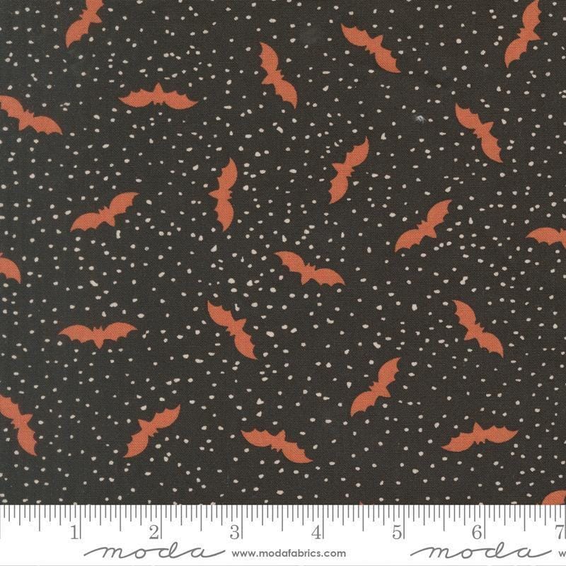 Image of Purrs and Boos Bats Black Cat quilting cotton fabric by Elena Amo for Moda Fabrics. Features bats on a black background. Cute Little Fabric Shop.