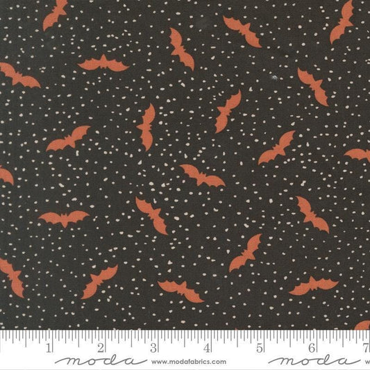 Image of Purrs and Boos Bats Black Cat quilting cotton fabric by Elena Amo for Moda Fabrics. Features bats on a black background. Cute Little Fabric Shop.