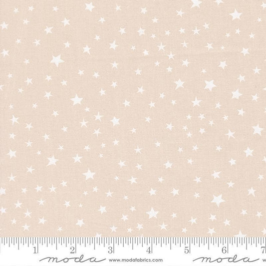 Image of Purrs and Boos Stars Moonbeam White quilting cotton fabric by Elena Amo for Moda Fabrics. Features stars on a cream background. Cute Little Fabric Shop.