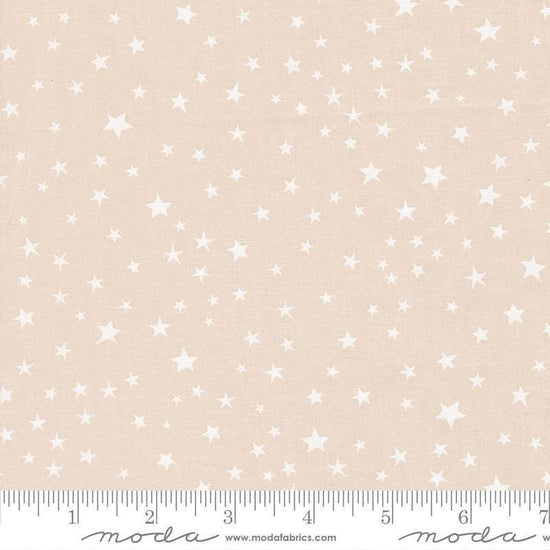Image of Purrs and Boos Stars Moonbeam White quilting cotton fabric by Elena Amo for Moda Fabrics. Features stars on a cream background. Cute Little Fabric Shop.