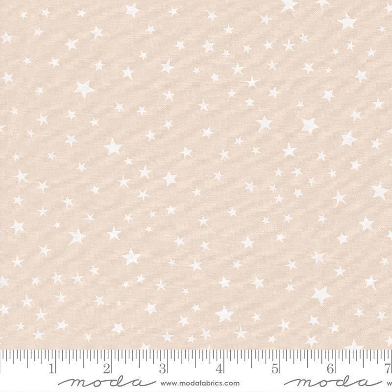 Image of Purrs and Boos Stars Moonbeam White quilting cotton fabric by Elena Amo for Moda Fabrics. Features stars on a cream background. Cute Little Fabric Shop.