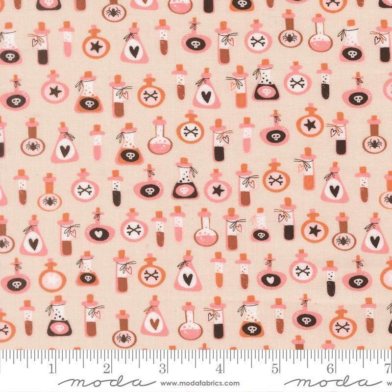 Image of Purrs and Boos Poisons Moonbeam quilting cotton fabric by Elena Amo for Moda Fabrics. Features potion bottles on a cream background. Cute Little Fabric Shop.