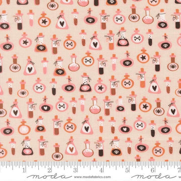 Image of Purrs and Boos Poisons Moonbeam quilting cotton fabric by Elena Amo for Moda Fabrics. Features potion bottles on a cream background. Cute Little Fabric Shop.