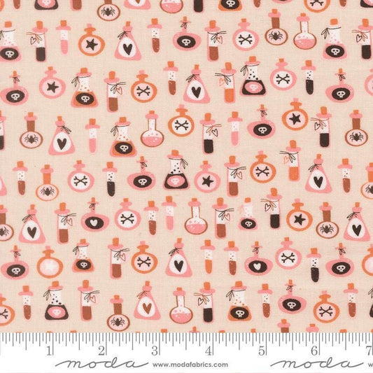 Image of Purrs and Boos Poisons Moonbeam quilting cotton fabric by Elena Amo for Moda Fabrics. Features potion bottles on a cream background. Cute Little Fabric Shop.