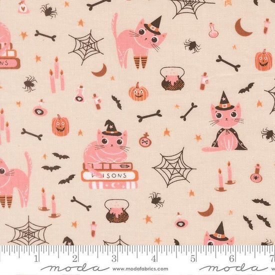 Image of Purrs and Boos Cats Moonbeam quilting cotton fabric by Elena Amo for Moda Fabrics. Features cats and halloween icons on a cream background. Cute Little Fabric Shop.