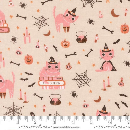 Image of Purrs and Boos Cats Moonbeam quilting cotton fabric by Elena Amo for Moda Fabrics. Features cats and halloween icons on a cream background. Cute Little Fabric Shop.