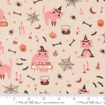 Image of Purrs and Boos Cats Moonbeam quilting cotton fabric by Elena Amo for Moda Fabrics. Features cats and halloween icons on a cream background. Cute Little Fabric Shop.