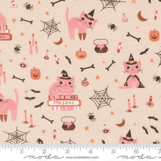 Image of Purrs and Boos Cats Moonbeam quilting cotton fabric by Elena Amo for Moda Fabrics. Features cats and halloween icons on a cream background. Cute Little Fabric Shop.