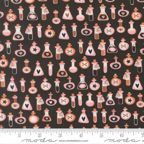 Image of Purrs and Boos Poisons Black Cat quilting cotton fabric by Elena Amo for Moda Fabrics. Features potion bottles on a black background. Cute Little Fabric Shop.