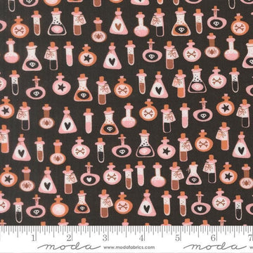 Image of Purrs and Boos Poisons Black Cat quilting cotton fabric by Elena Amo for Moda Fabrics. Features potion bottles on a black background. Cute Little Fabric Shop.