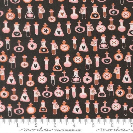 Image of Purrs and Boos Poisons Black Cat quilting cotton fabric by Elena Amo for Moda Fabrics. Features potion bottles on a black background. Cute Little Fabric Shop.