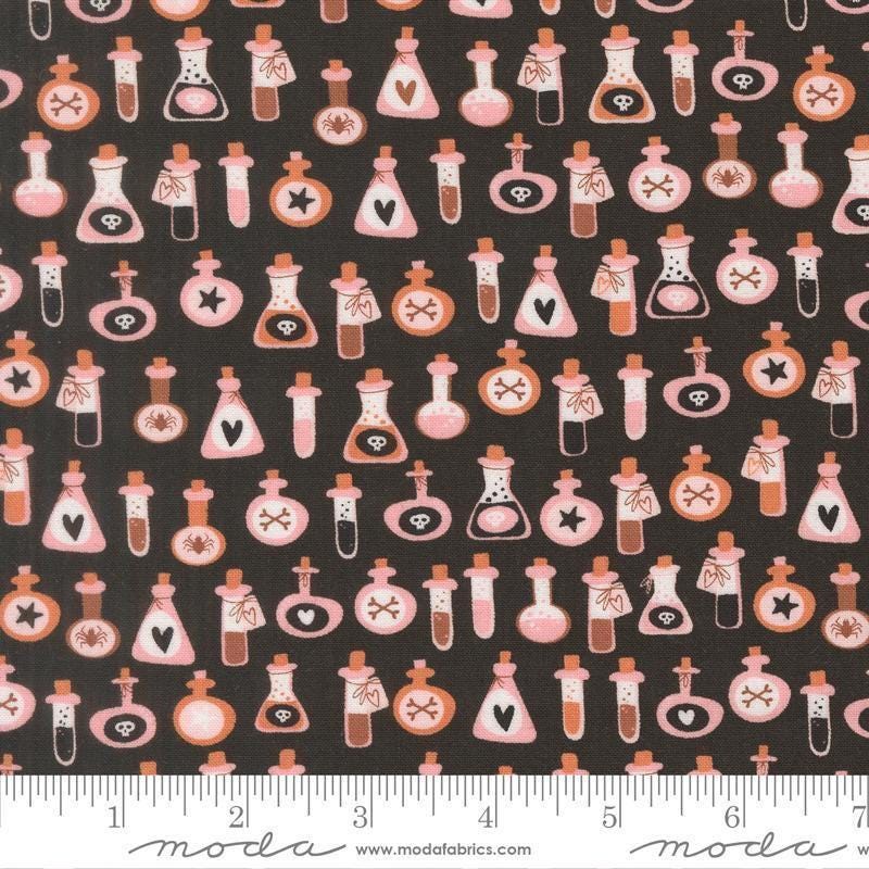 Image of Purrs and Boos Poisons Black Cat quilting cotton fabric by Elena Amo for Moda Fabrics. Features potion bottles on a black background. Cute Little Fabric Shop.