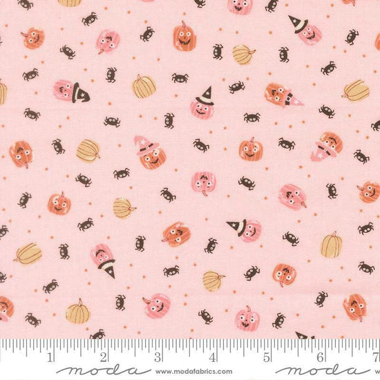 Image of Purrs and Boos Friendly Pumpkins and Spiders Purrfect Pink quilting cotton fabric by Elena Amo for Moda Fabrics. Features pumpkins and spiders on a pink background. Cute Little Fabric Shop.