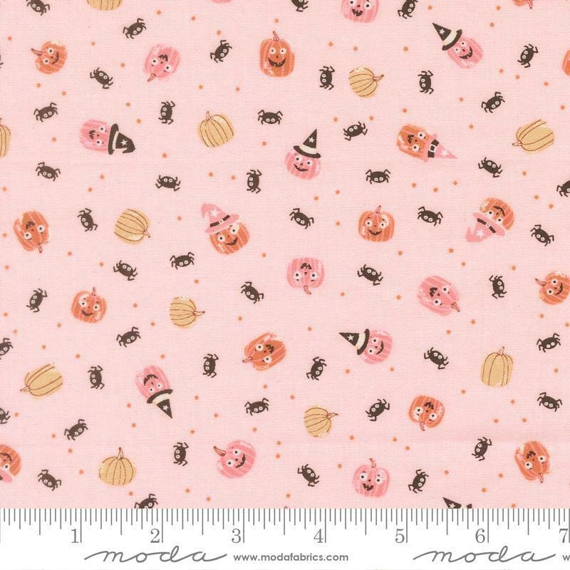 Image of Purrs and Boos Friendly Pumpkins and Spiders Purrfect Pink quilting cotton fabric by Elena Amo for Moda Fabrics. Features pumpkins and spiders on a pink background. Cute Little Fabric Shop.