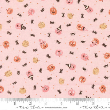 Image of Purrs and Boos Friendly Pumpkins and Spiders Purrfect Pink quilting cotton fabric by Elena Amo for Moda Fabrics. Features pumpkins and spiders on a pink background. Cute Little Fabric Shop.