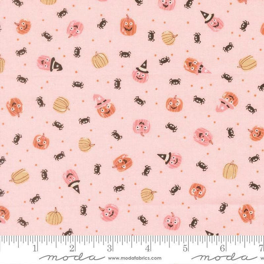 Image of Purrs and Boos Friendly Pumpkins and Spiders Purrfect Pink quilting cotton fabric by Elena Amo for Moda Fabrics. Features pumpkins and spiders on a pink background. Cute Little Fabric Shop.