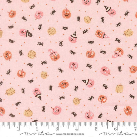 Image of Purrs and Boos Friendly Pumpkins and Spiders Purrfect Pink quilting cotton fabric by Elena Amo for Moda Fabrics. Features pumpkins and spiders on a pink background. Cute Little Fabric Shop.