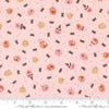 Image of Purrs and Boos Friendly Pumpkins and Spiders Purrfect Pink quilting cotton fabric by Elena Amo for Moda Fabrics. Features pumpkins and spiders on a pink background. Cute Little Fabric Shop.